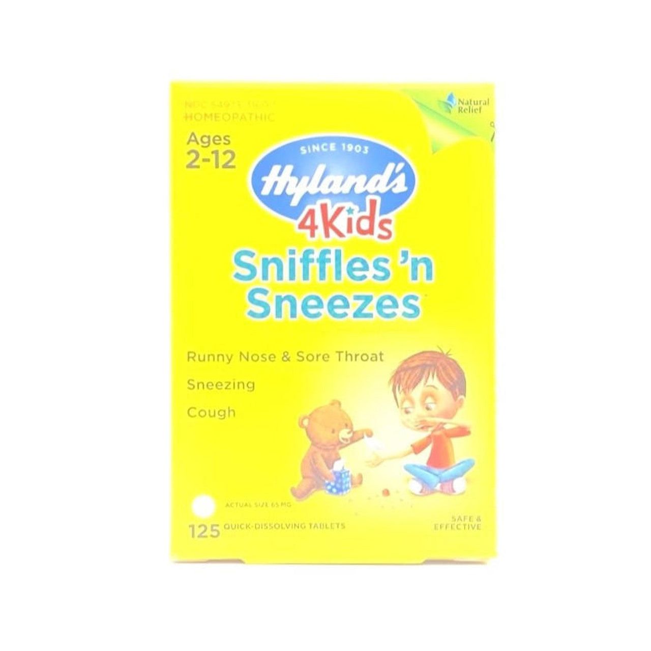Hyland's Homeopathic Sniffles 'n Sneezes 4 Kids supplement tablets, natural relief for colds and allergies in children.