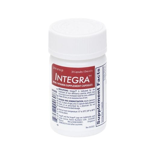 Box of Integra Iron and Vitamin Supplement Capsules by Pasteur Pharmacy, 30-count bottle of dietary supplement capsules.