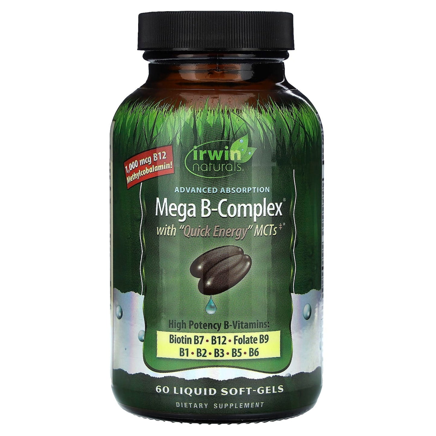 Irwin Naturals Mega B-Complex liquid soft-gels with quick energy MCTs, dietary vitamins and supplements for energy support.