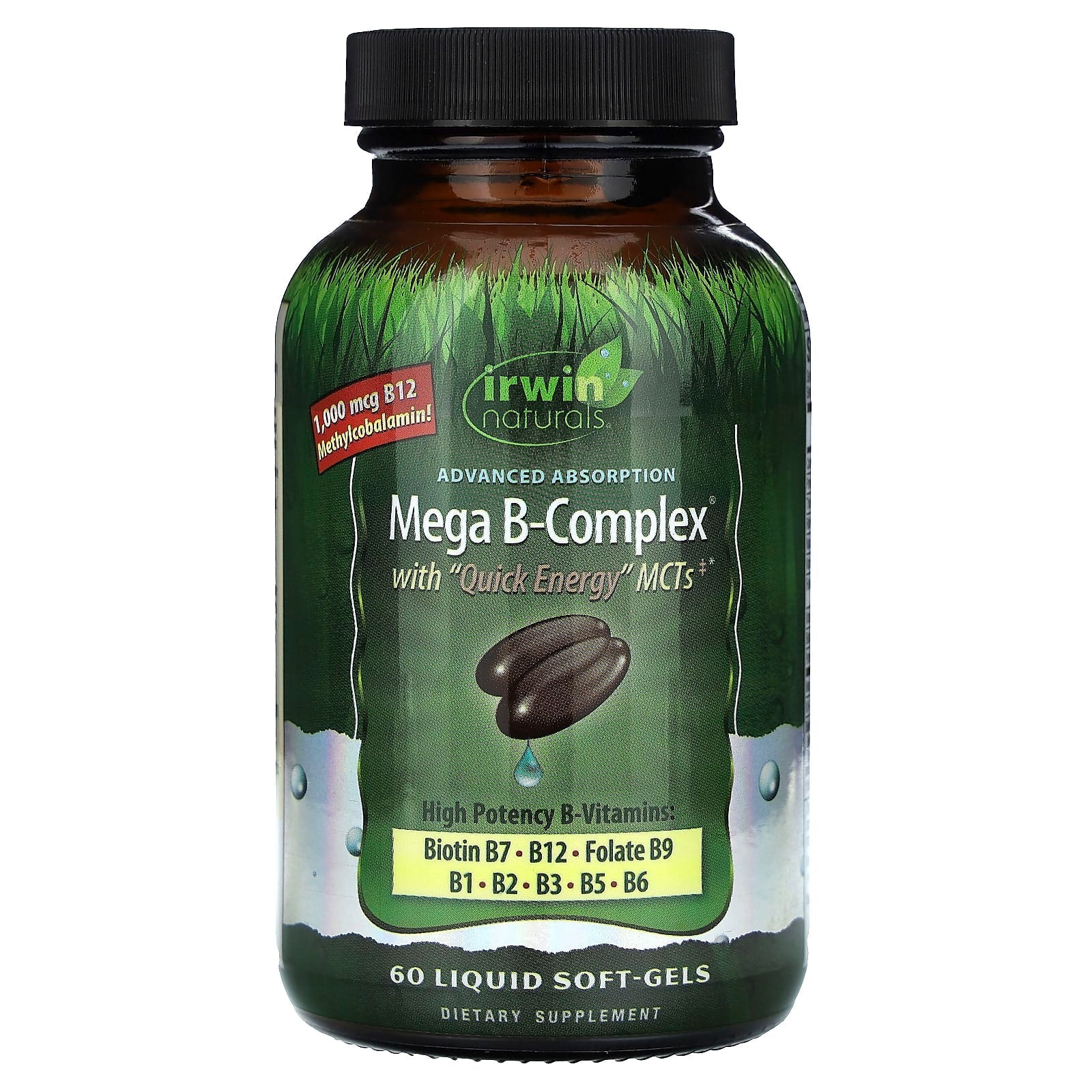 Irwin Naturals Mega B-Complex liquid soft-gels with quick energy MCTs, dietary vitamins and supplements for energy support.