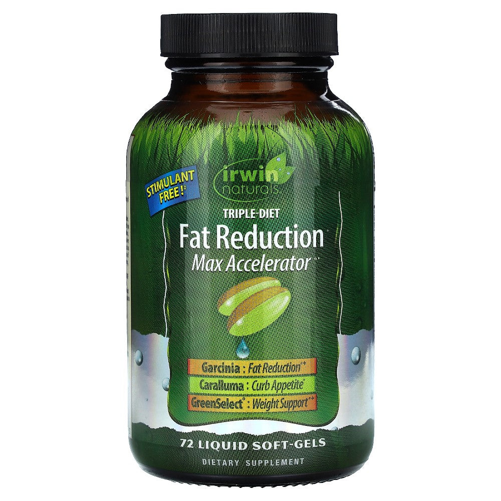 Irwin Naturals Triple Diet Fat Reduction Max Accelerator liquid softgels, dietary supplement for weight management and fat burning.