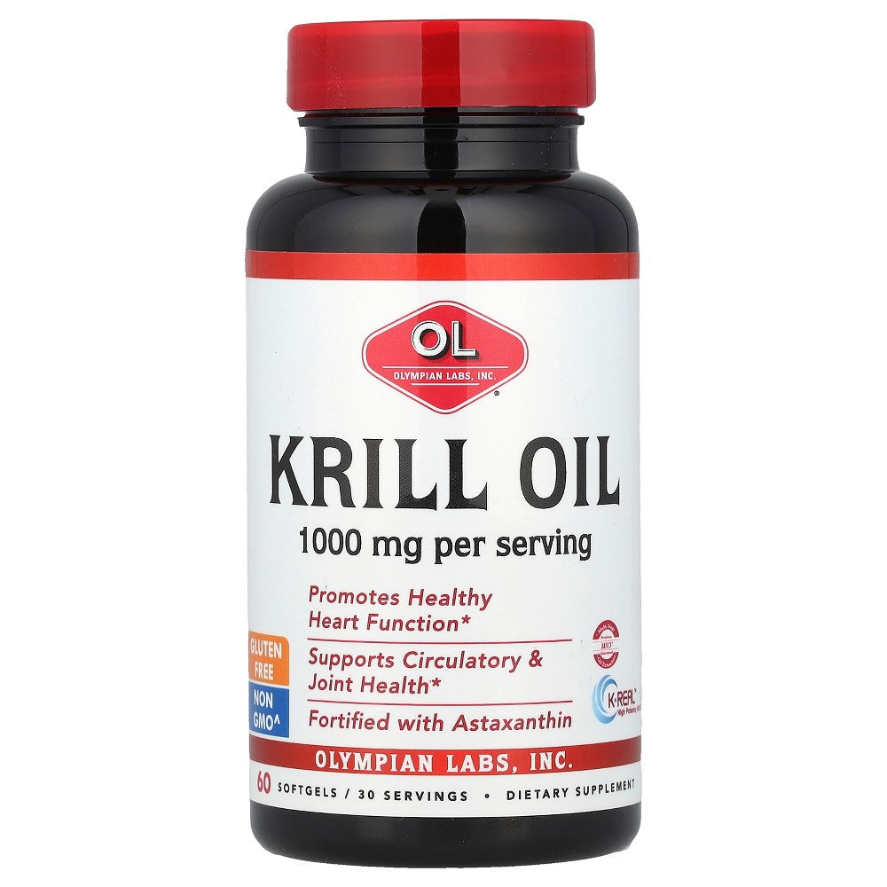 Bottle of Pasteur Pharmacy Krill Oil Gc 1000 mg supplements with 60 softgel capsules, dietary omega-3 supplement for overall health.