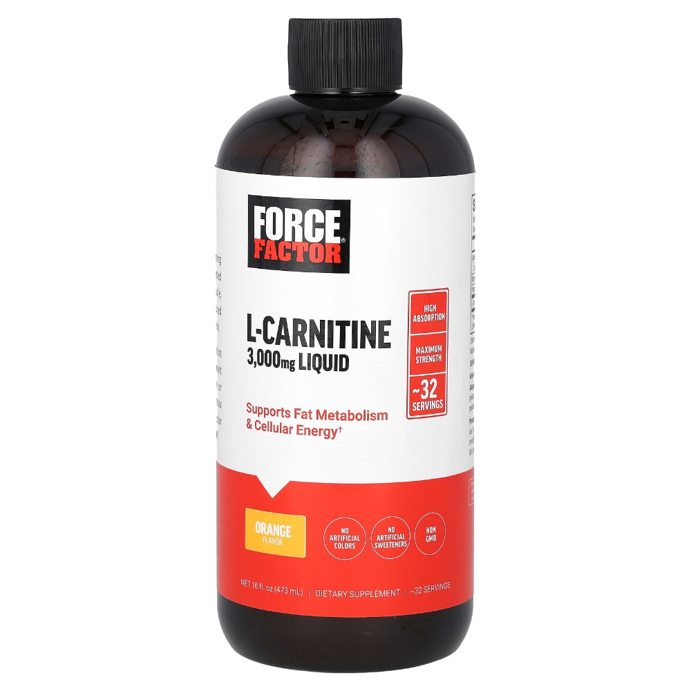 L-Carnitine LQ supplement bottle in orange, 473 ml, from Pasteur Pharmacy, with 32 servings of vitamins and supplements.