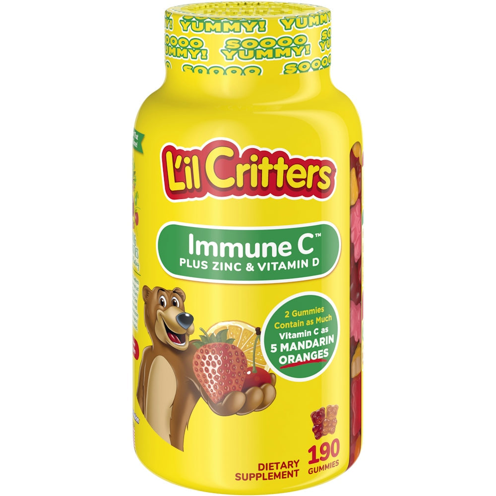 L'il Critters™ Immune C Plus Zinc gummy vitamins in natural fruit flavors, dietary supplement for immune support.