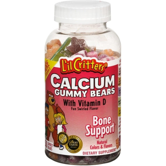L'il Critters Kids Calcium Gummy Bears with Vitamin D3, 150 count, colorful gummy vitamins for children, in a clear container.