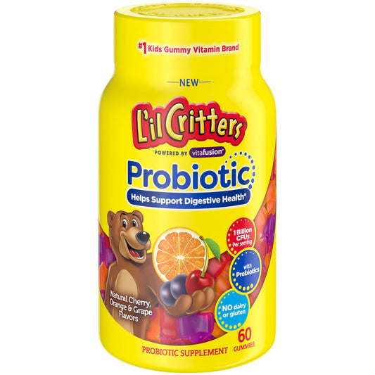 L'il Critters Kids Gummy Probiotic bottle with 60 gummies for digestive support, designed for children, by Pasteur Pharmacy.