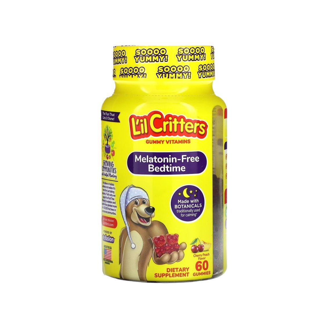 L'il Critters Melatonin-Free Bedtime Gummies in cherry peach flavor, vitamin supplement for kids, featuring gummy shapes and colorful packaging