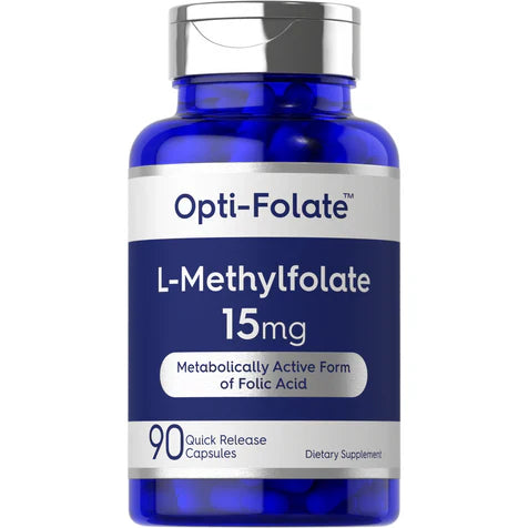 L-Methylfolate 15 mg dietary supplement capsules from Pasteur Pharmacy, featuring a bottle of 90 capsules on a white background.