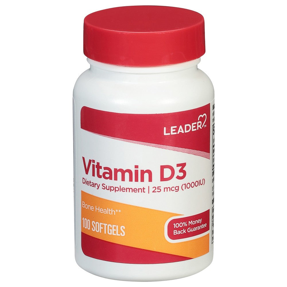 Bottle of Leader 25 mcg (1000IU) Vitamin D3 softgels from Pasteur Pharmacy, showing 100 softgel capsules in the supplement bottle.