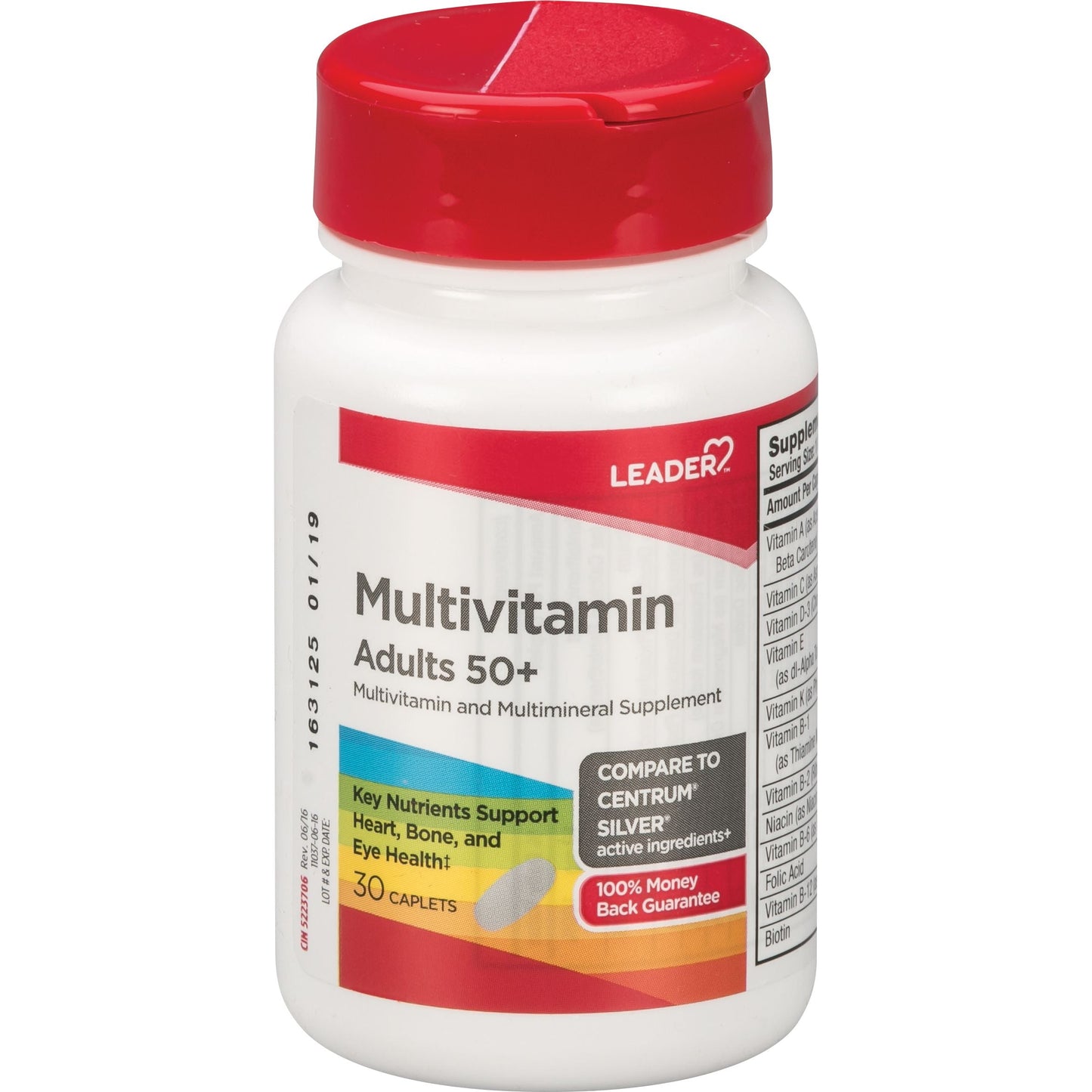 Leader Adult 50+ Multivitamin bottle with 30 caplets, complete daily health supplement from Pasteur Pharmacy, vitamins & supplements.