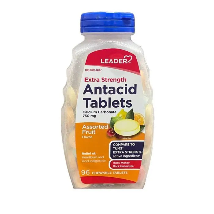 Leader Antacid Extra Strength 750mg chewable tablets in assorted fruit flavor, 96 count, from Pasteur Pharmacy vitamins and supplements.