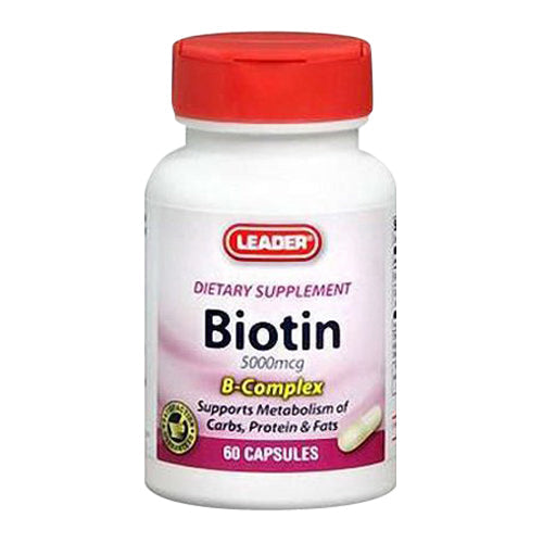 Leader™ Biotin 5000 mcg B-Complex vitamins for hair, skin, and nails in a bottle of 60 capsules from Pasteur Pharmacy.