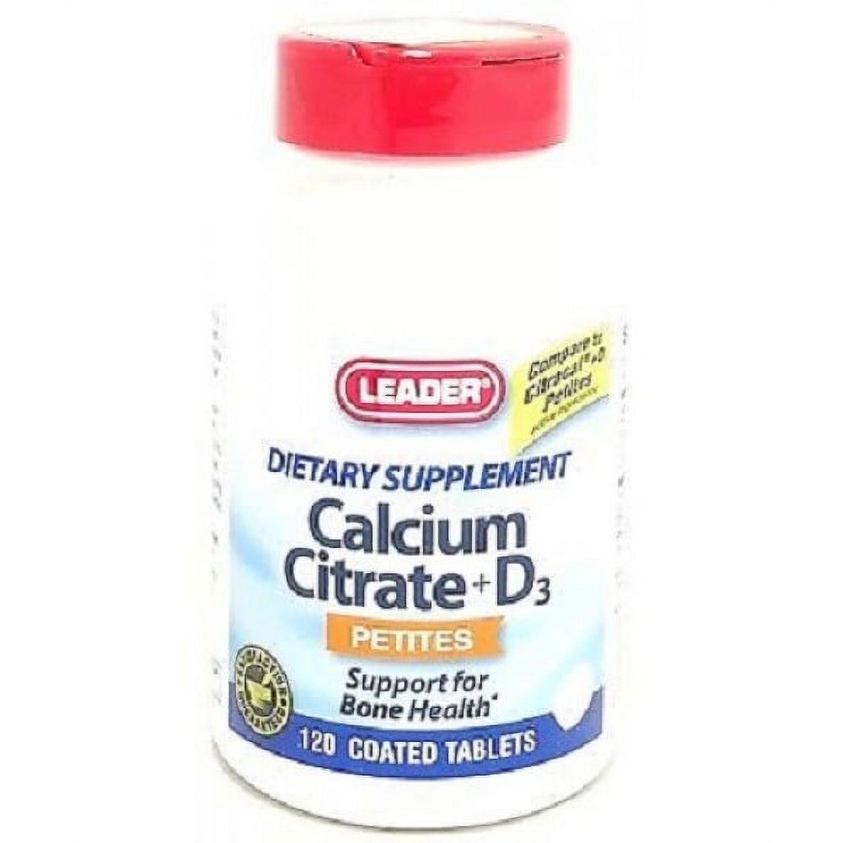 Leader Calcium Citrate + D3 Petites vitamin tablets for pets, small supplement tablets in a bottle.