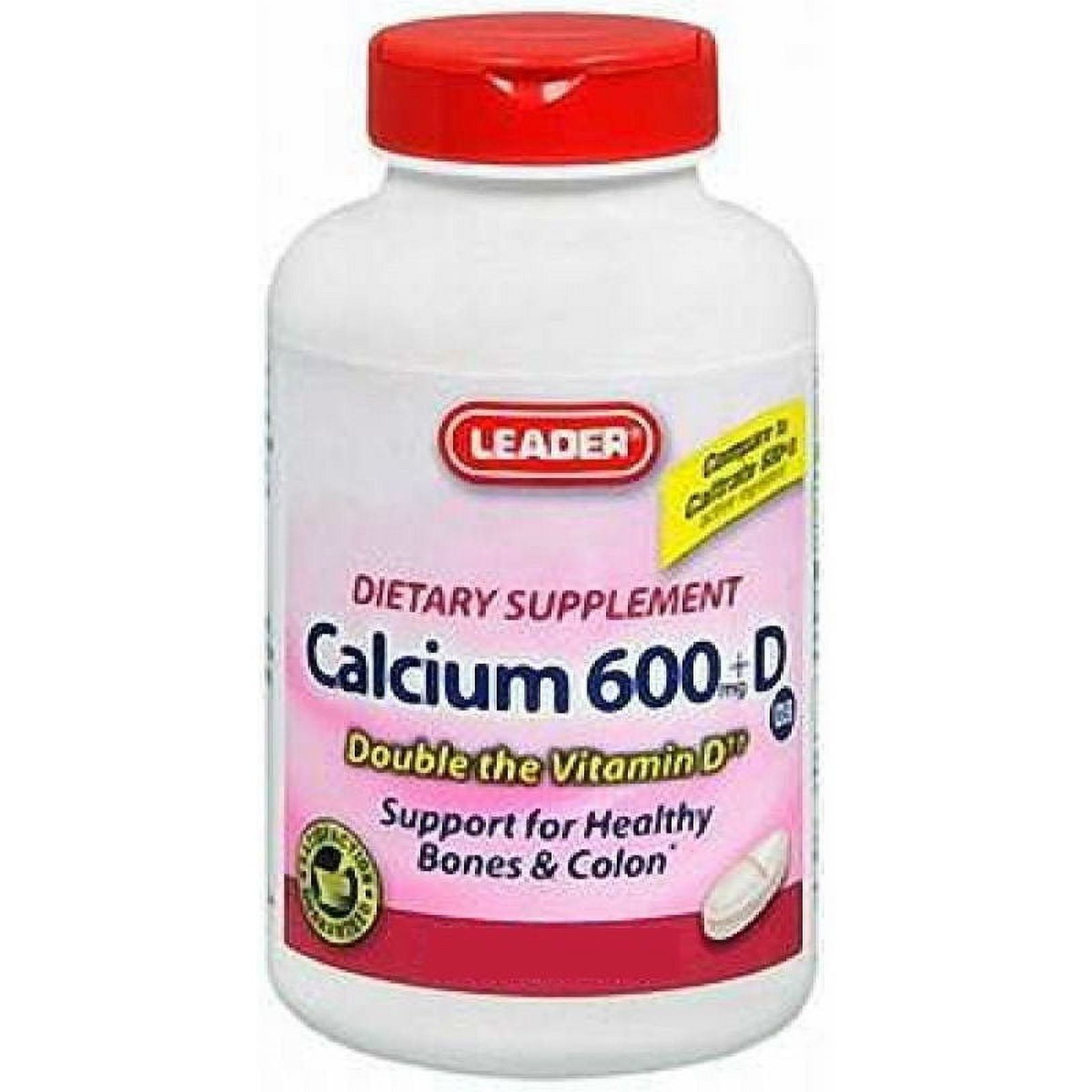 Leader Calcium Plus D3 dietary supplement chewable tablets in a bottle, designed for bone health and daily nutrition.
