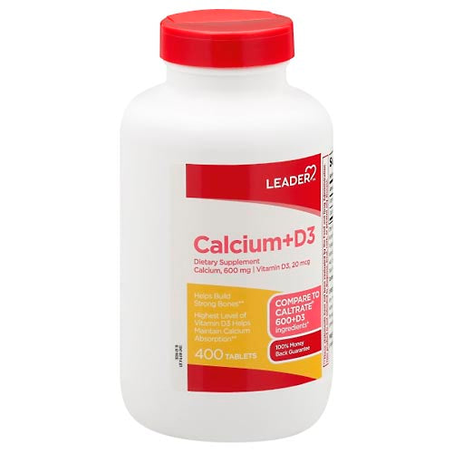 Leader Calcium Plus D3 dietary supplement tablets in a bottle, designed to support bone health with calcium and vitamin D3.