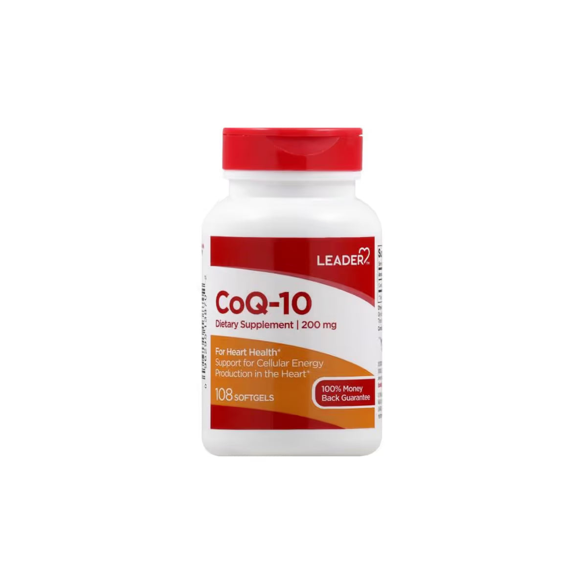 Bottle of Leader Co-Enzyme Q10 200mg softgels from Pasteur Pharmacy, showing 108 softgel capsules in clear container.