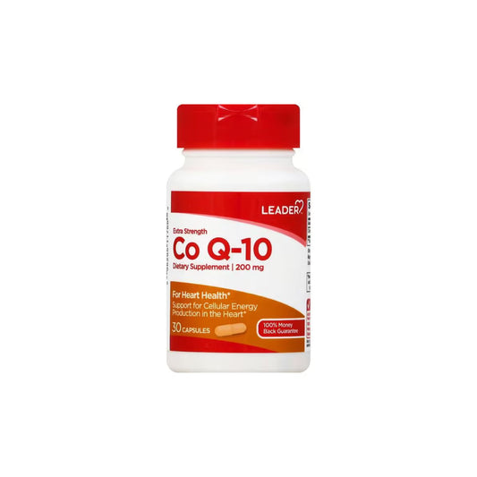 Leader Co-Enzyme Q10 200mg softgels, 30 count, dietary supplement bottle with softgel capsules, from Pasteur Pharmacy.