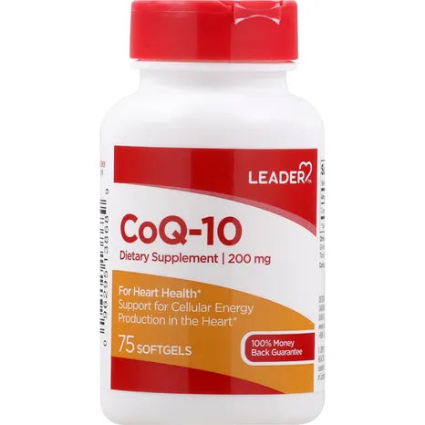 LEADER® Co-enzyme Q10 200mg softgels in a bottle, dietary supplement for energy and heart health, 75-count bottle.