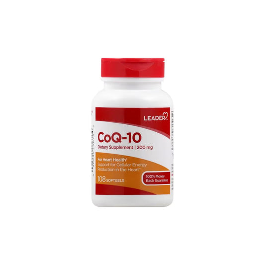 Bottle of Pasteur Pharmacy LEADER CoQ-10 100mg softgels, dietary supplement, with 108 softgel capsules for heart health.