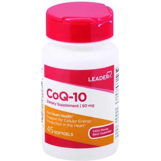 Pasteur Pharmacy CoQ-10 50mg softgels, dietary supplement, 45 count bottle, showing the softgel capsules in a clear container.