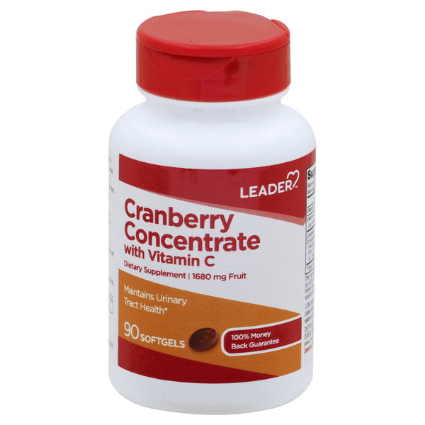 Bottle of Leader Cranberry Concentrate with Vitamin C supplement from Pasteur Pharmacy, featuring a label with cranberry images and supplement details