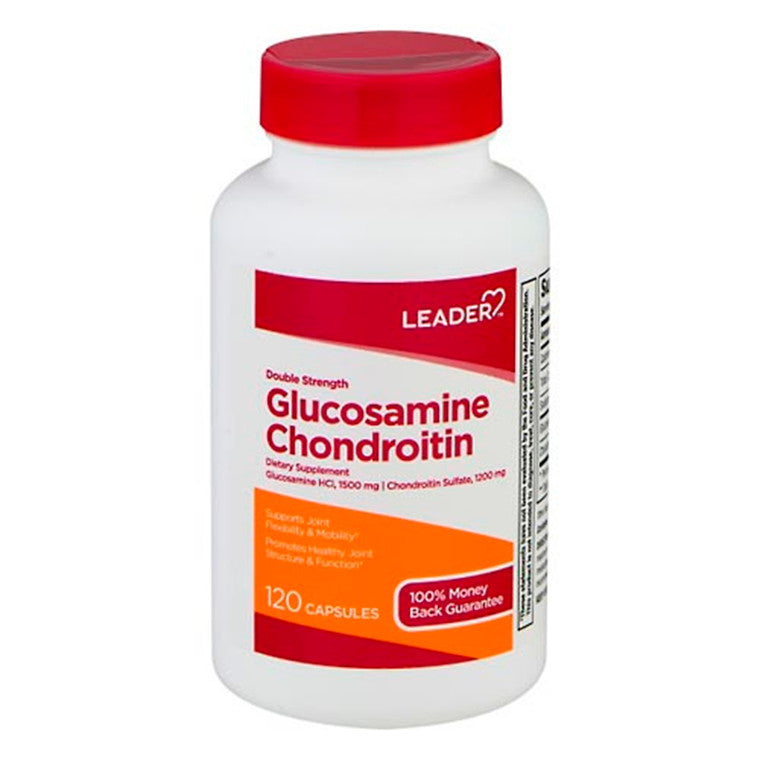 Leader Glucosamine Chondroitin double strength supplement capsules from Pasteur Pharmacy, designed to support joint health.