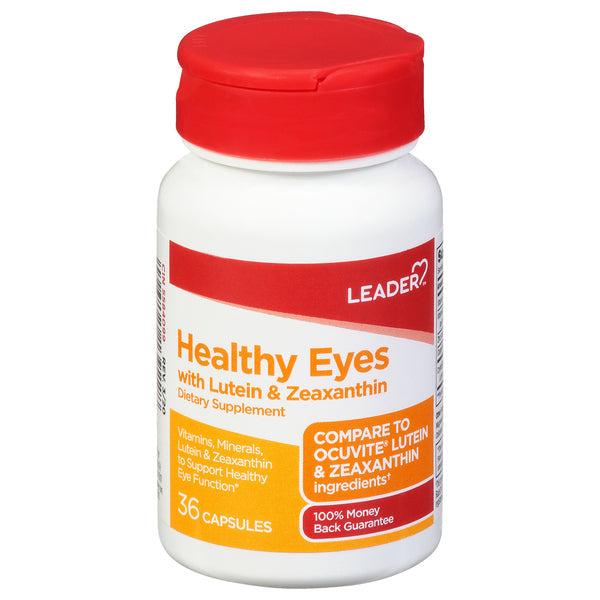 Leader Healthy Eyes eye health supplement softgels with lutein and zeaxanthin, vitamins and supplements for vision support.