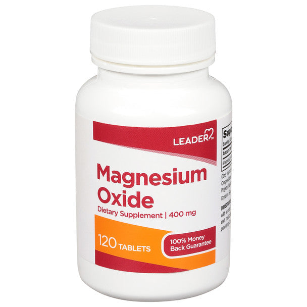 Bottle of Leader Magnesium Oxide 400 mg supplement tablets from Pasteur Pharmacy, high potency vitamins and supplements.