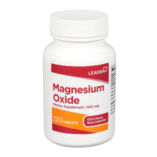 Leader Magnesium Oxide 400 mg tablets for muscle and bone health, shown in a bottle with 120 tablets.