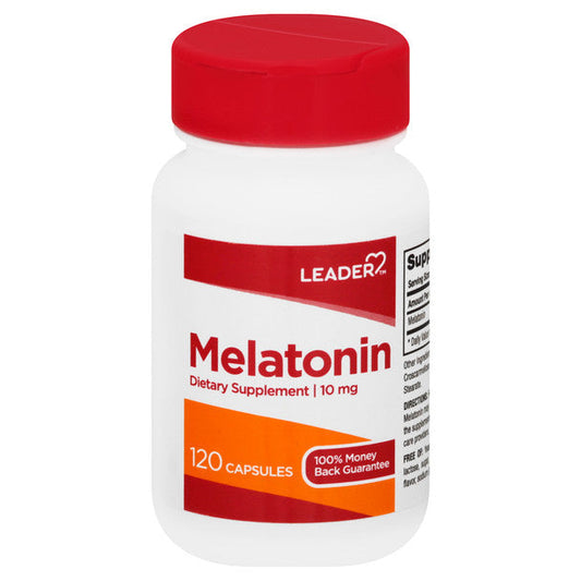 Pasteur Pharmacy Leader Melatonin 10 mg capsules for sleep aid, in a white bottle with a label, close-up view of the supplement container.