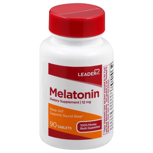 Bottle of Pasteur Pharmacy Melatonin 12 mg tablets, dietary supplement for sleep support, with white tablets visible in the image.