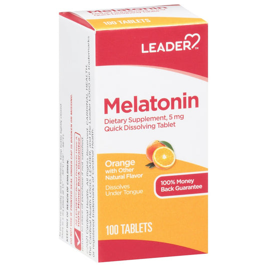 Leader™ Melatonin 5 mg quick-dissolving tablets in a bottle, designed to support sleep and relaxation, from Pasteur Pharmacy.