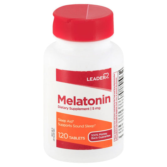 Leader Melatonin 5 mg dietary supplement tablets from Pasteur Pharmacy, showing a bottle with white tablets and label.