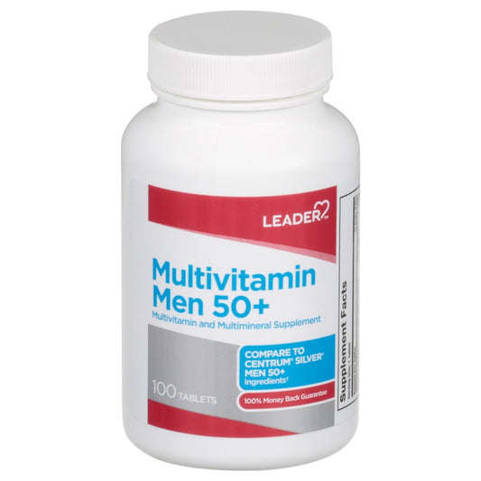 Leader Men's 50+ Multivitamin and Multimineral supplement bottle from Pasteur Pharmacy, featuring colorful label with vitamins and minerals.