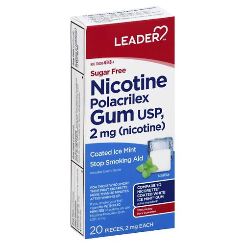 Leader Nicotine Gum 2mg Sugar-Free Mint, 20 count, dietary supplement for nicotine replacement, by Pasteur Pharmacy.