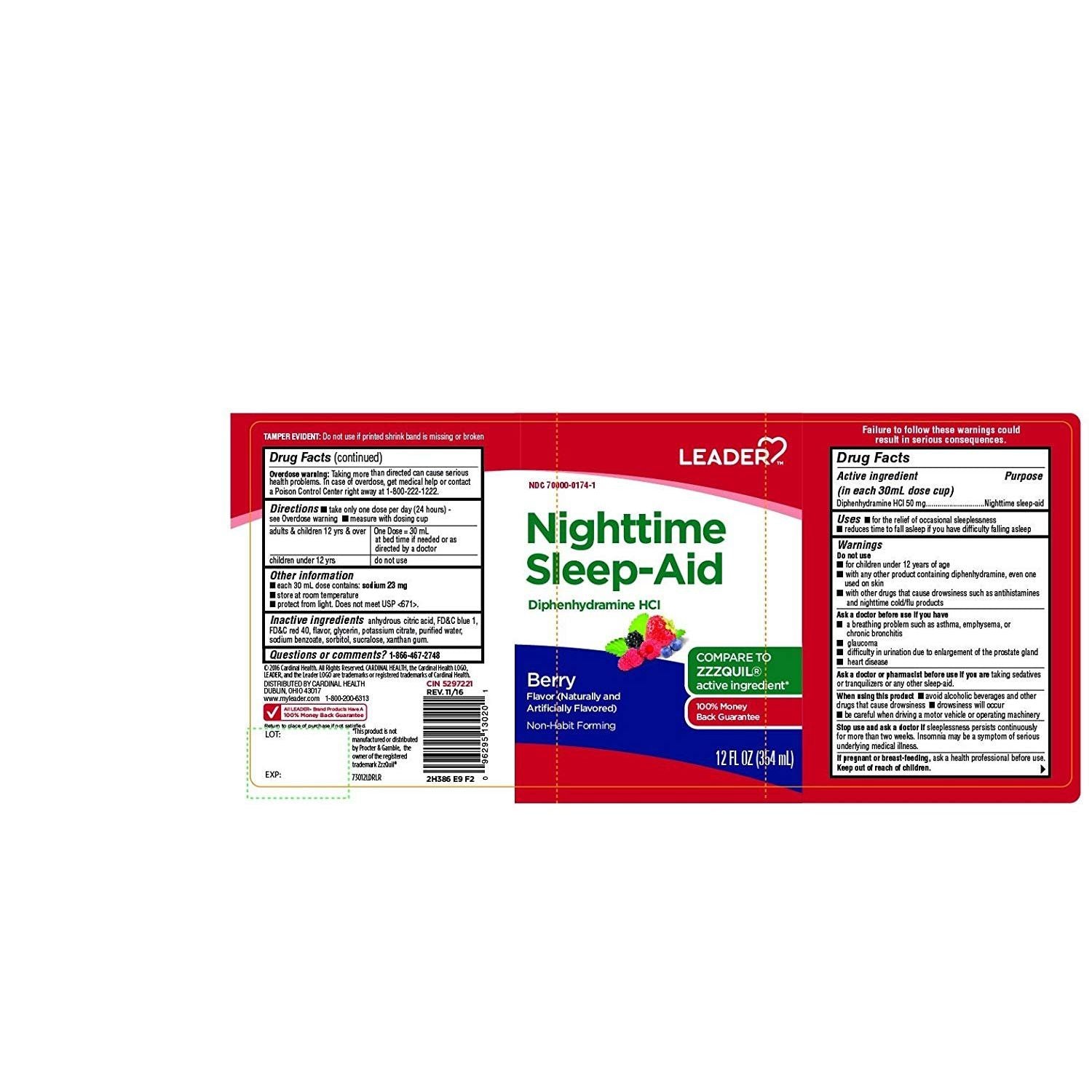Leader™ Nighttime Sleep Aid in berry flavor, liquid supplement in a 12 fl oz bottle, designed to promote restful sleep.