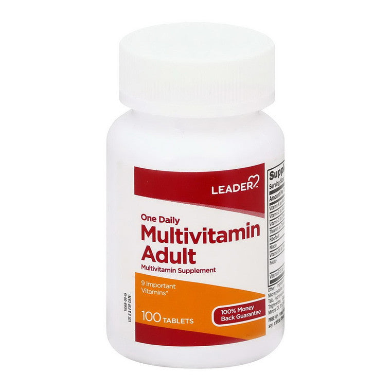 Bottle of Leader™ One Daily Adult Multivitamins from Pasteur Pharmacy, showing the supplement container and label.