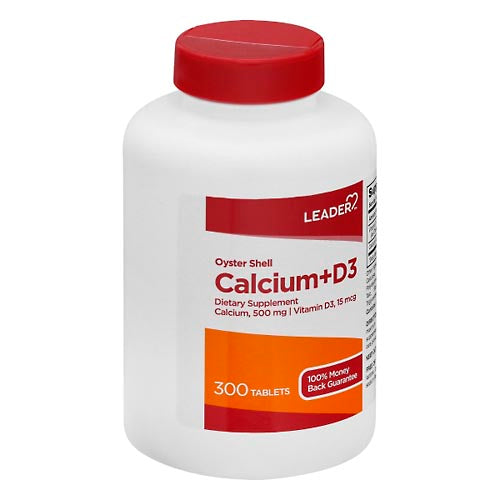 Leader Oyster Shell Calcium Plus D3 dietary supplement tablets in a bottle, designed for bone health and calcium support.