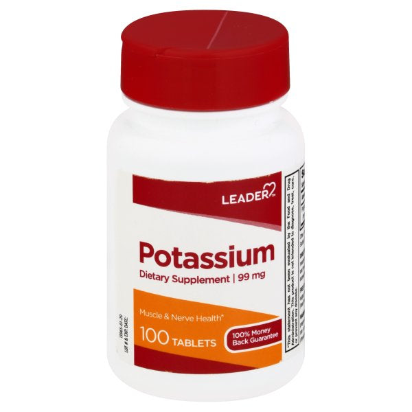 Leader Potassium Gluconate 99 mg supplement bottle with 100 tablets, essential mineral supplement from Pasteur Pharmacy.