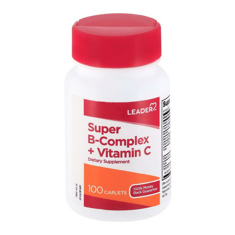 Leader Super B-Complex with Vitamin C dietary supplement in 100 caplets, from Pasteur Pharmacy, for energy and immune support.