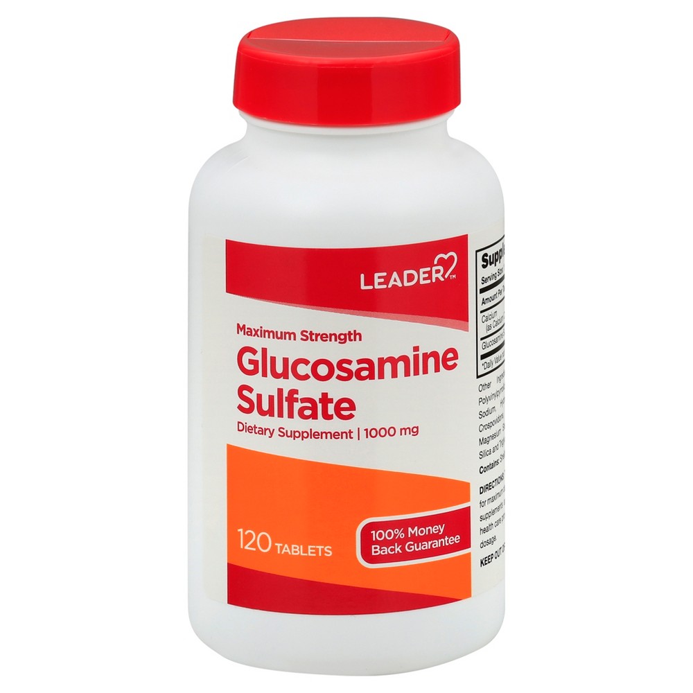 Leader Maximum Strength Glucosamine Sulfate Tablets, 120 count, bottle of dietary supplements for joint support.