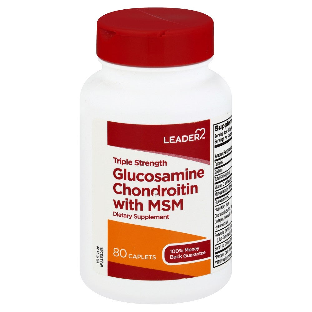 Leader Triple Strength Glucosamine Chondroitin with MSM caplets for joint support, 80 count, Pasteur Pharmacy vitamins and supplements.