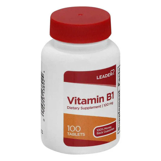 Leader Vitamin B-1 100mg tablets, dietary supplement in a bottle, from Pasteur Pharmacy, part of vitamins and supplements.