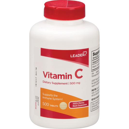 Leader Vitamin C 500 mg tablets from Pasteur Pharmacy, dietary supplement with orange-flavored vitamin C tablets.