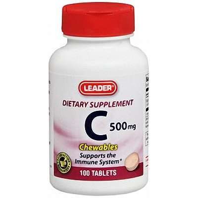 Leader Vitamin C 500mg chewables from Pasteur Pharmacy, 100 tablets, dietary supplement with orange-flavored vitamin supplement tablets.