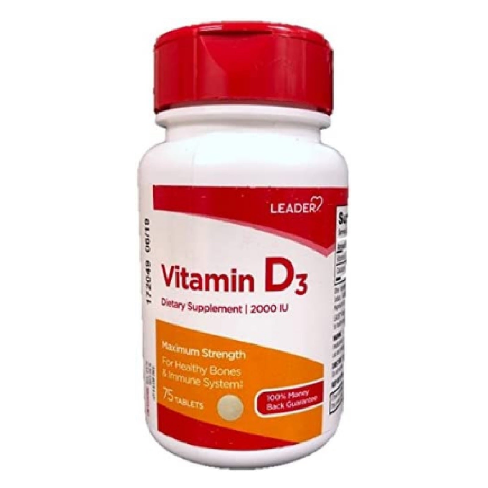 Leader Vitamin D3 400 IU tablets from Pasteur Pharmacy, bottle of dietary supplement vitamins and supplements.