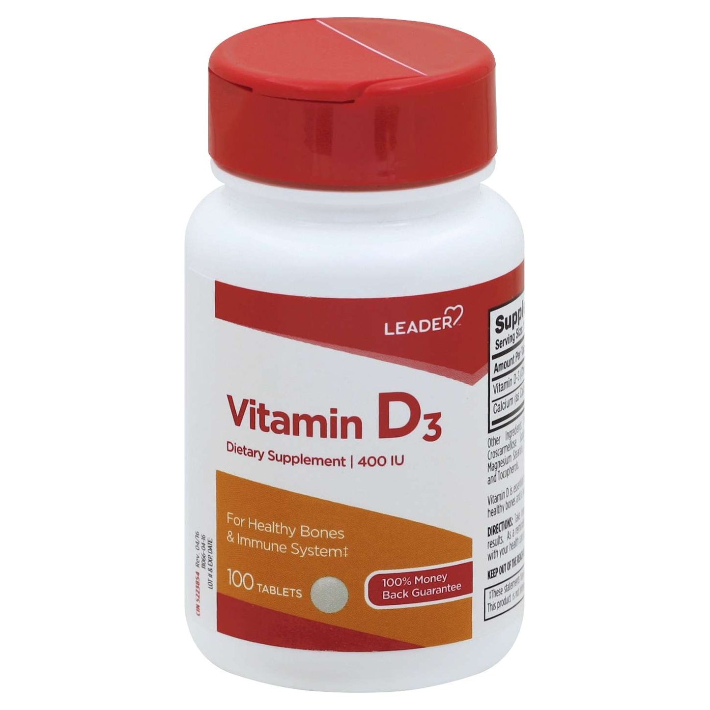 Leader Vitamin D3 400IU tablets from Pasteur Pharmacy, 100-count bottle, showing the supplement tablets in a blister pack.