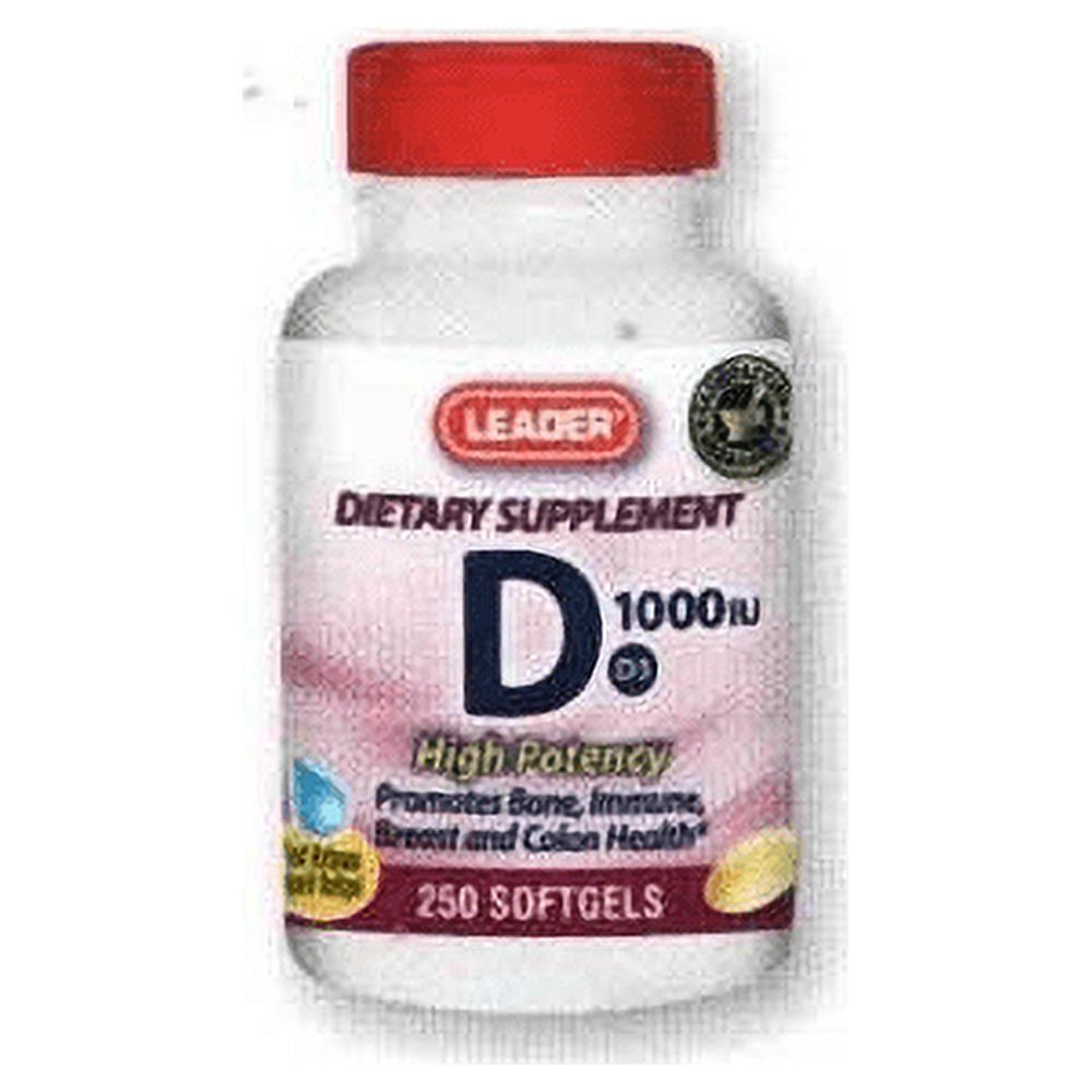 Leader Vitamin D3 supplement bottle from Pasteur Pharmacy, supporting bone health and immune function with cholecalciferol.