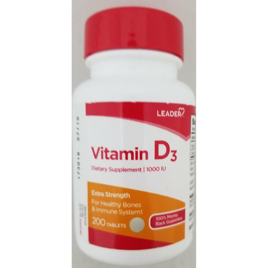 Leader Vitamin D3 Extra Strength 1000 IU tablets, dietary supplement for bone health and immune support