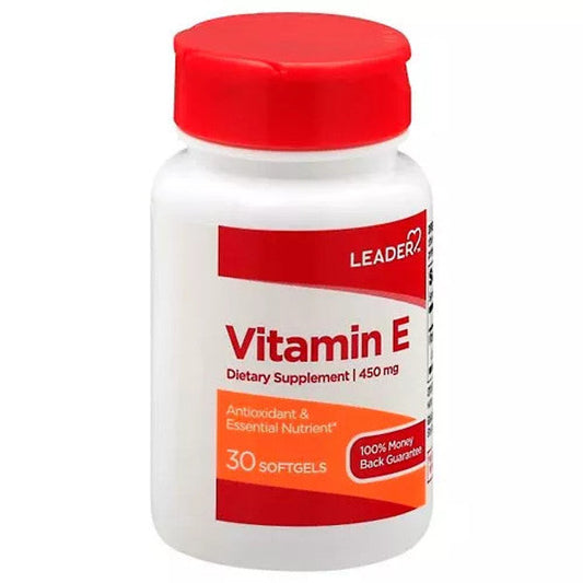 Leader Vitamin E supplement 450 mg (1,000 IU) softgels from Pasteur Pharmacy, bottle of 30 softgel capsules.